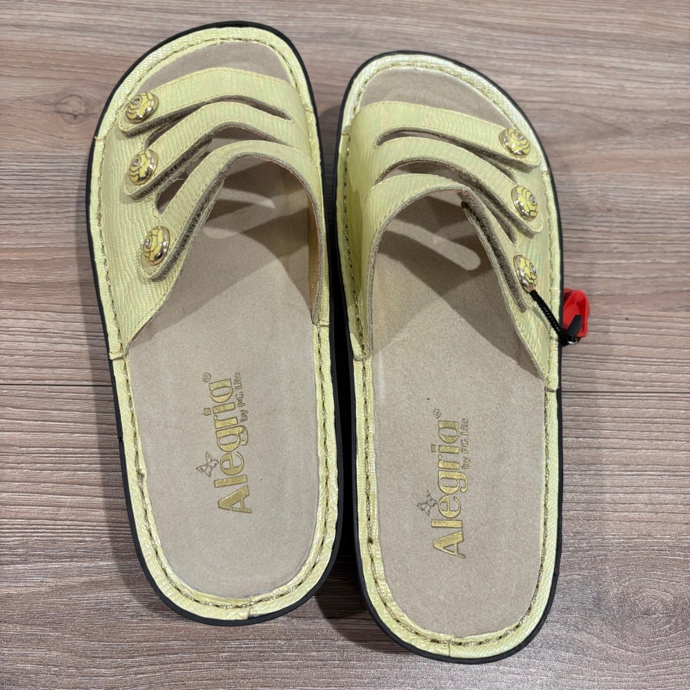 Alegria Fiona Iridescent Snake Slide Sandals Women Yellow Size 39 Leather - Picture 4 of 6